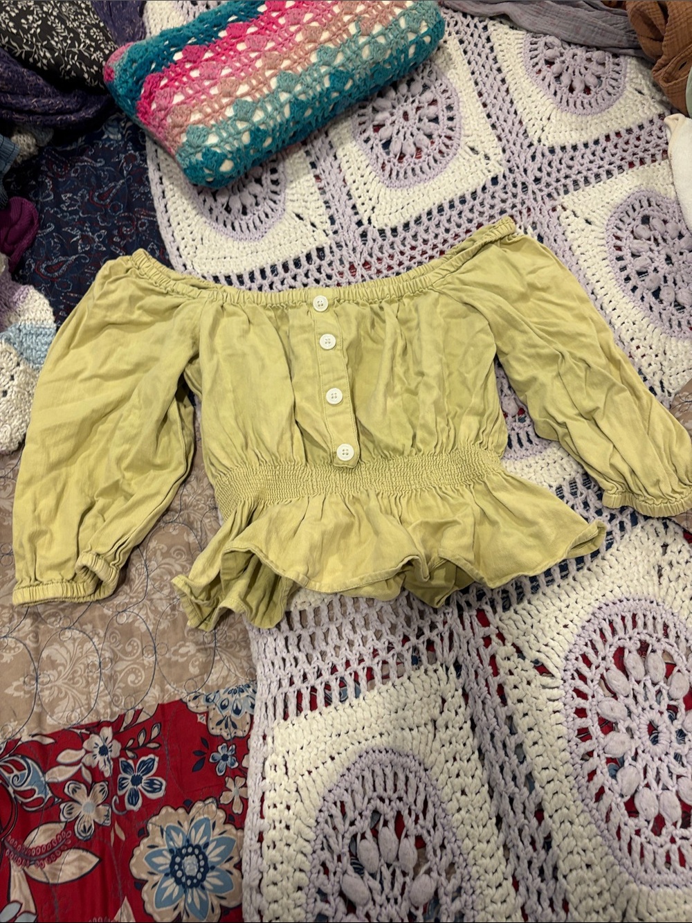 Off-Shoulder Peplum Button Front Blouse in Light Olive